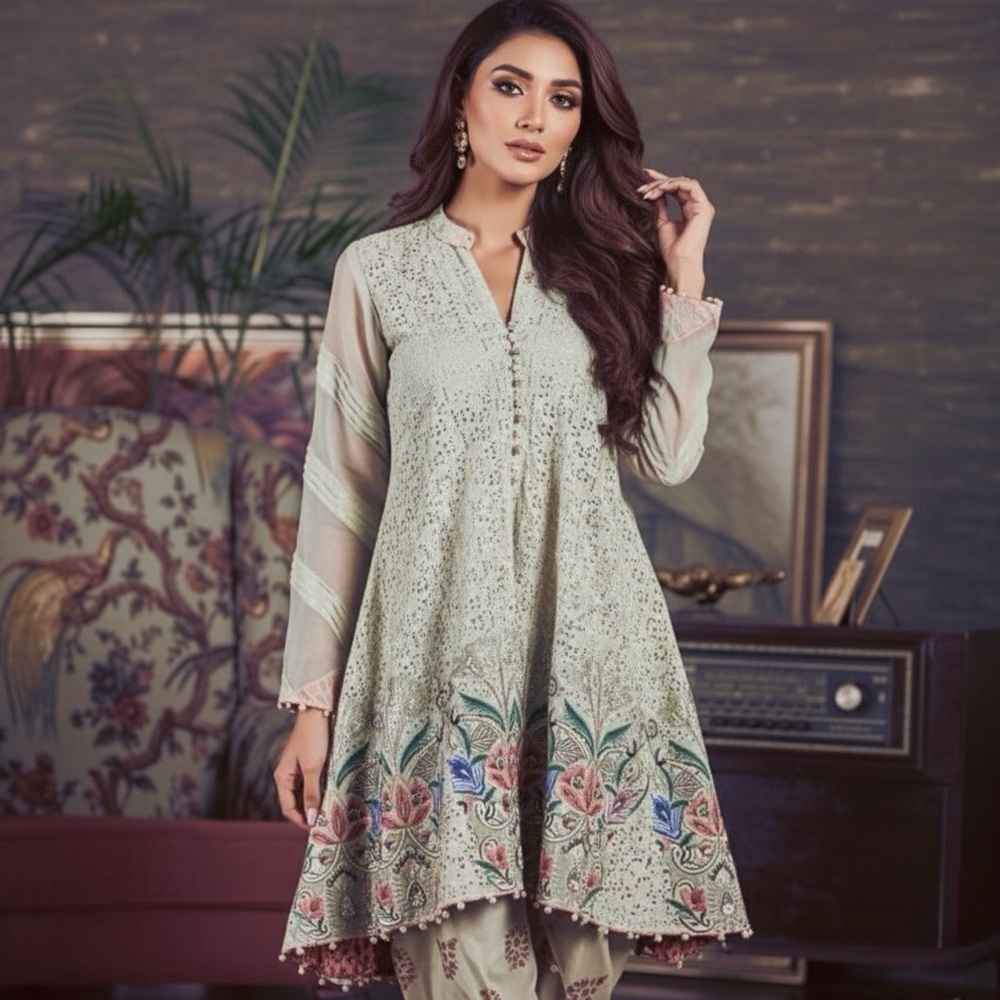 Annus Abrar | Embroidered Peplum Top + Tulip Pants | Size S